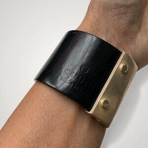 Gucci Black Leather Sterling Silver Bangle Cuff Bracelet